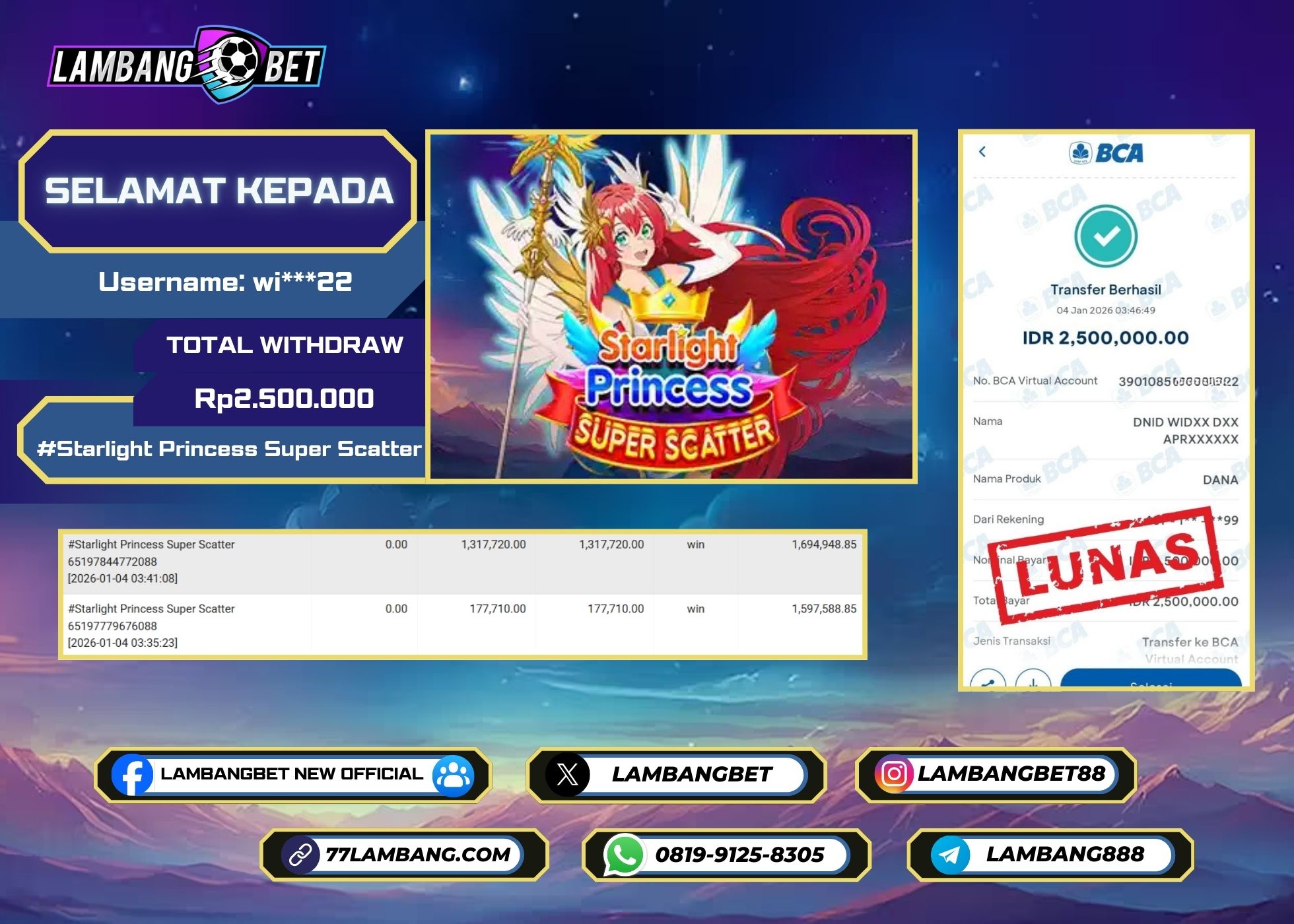 LAMBANGBET [4 JANUARI 2025] JACKPOT SLOT Starlight Princess Super Scatter "Rp2.500.000" LUNAS